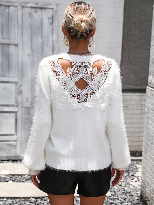 Lace Detail Cutout Long Sleeve Pullover Sweater Print on any thing USA/STOD clothes