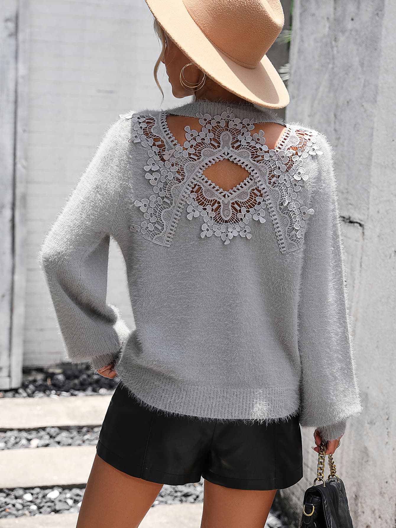 Lace Detail Cutout Long Sleeve Pullover Sweater Print on any thing USA/STOD clothes