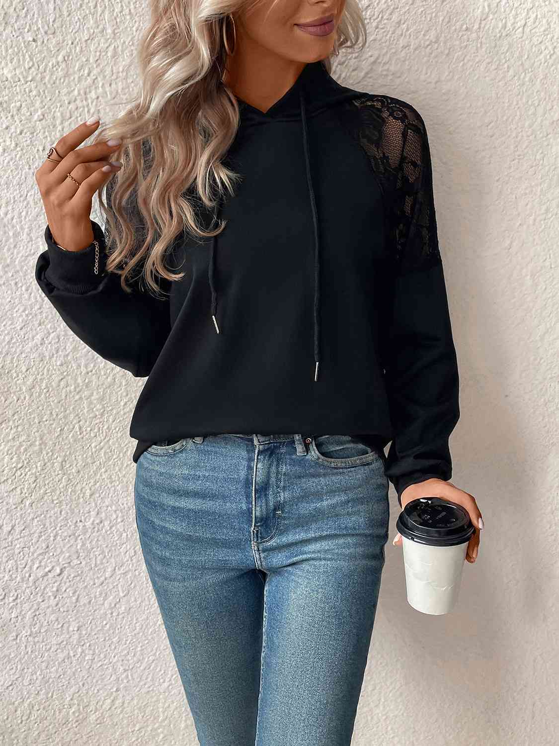 Lace Detail Drawstring Long Sleeve Hoodie Print on any thing USA/STOD clothes