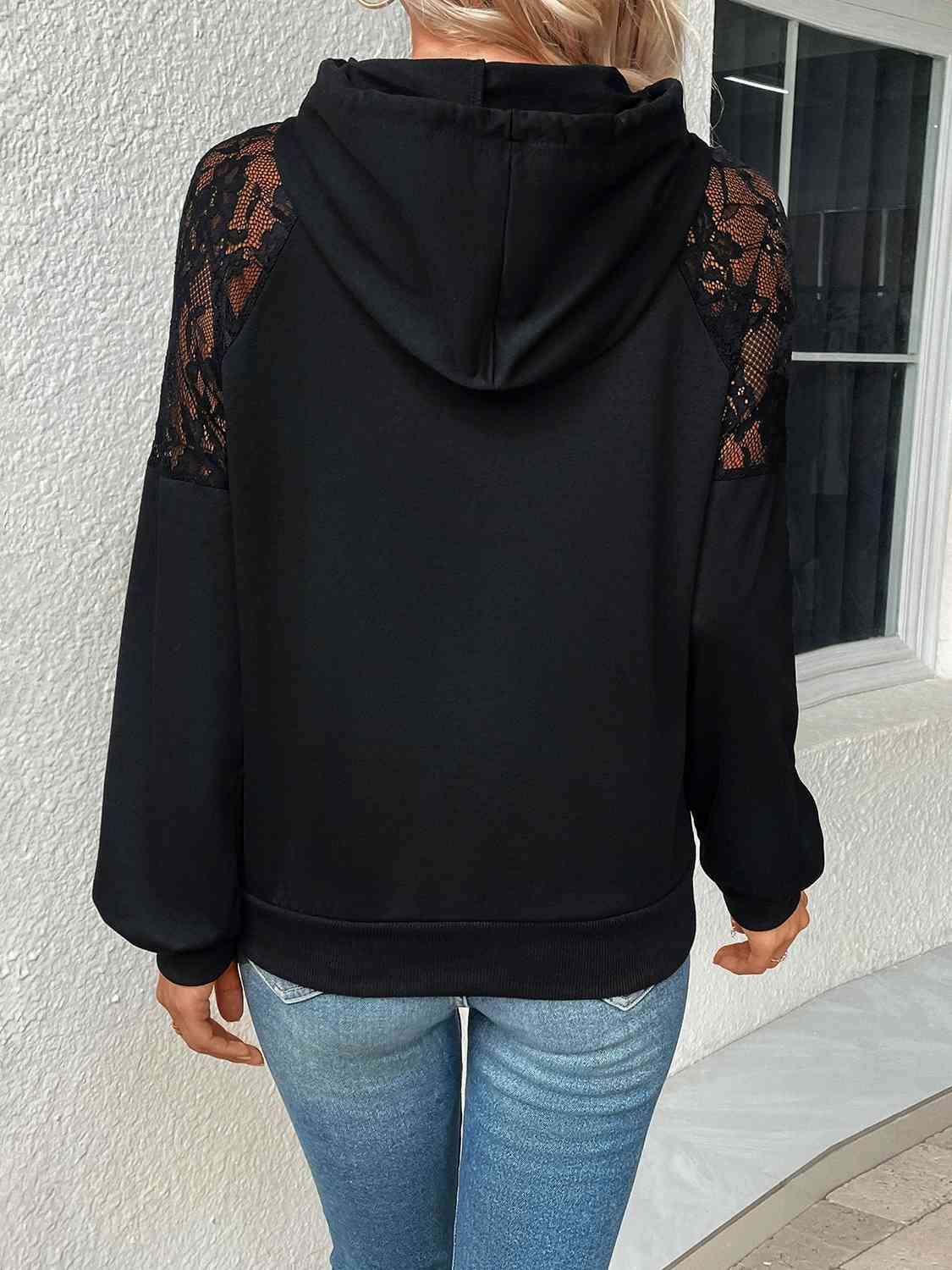 Lace Detail Drawstring Long Sleeve Hoodie Print on any thing USA/STOD clothes