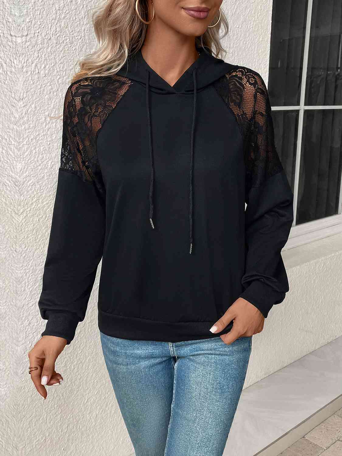 Lace Detail Drawstring Long Sleeve Hoodie Print on any thing USA/STOD clothes