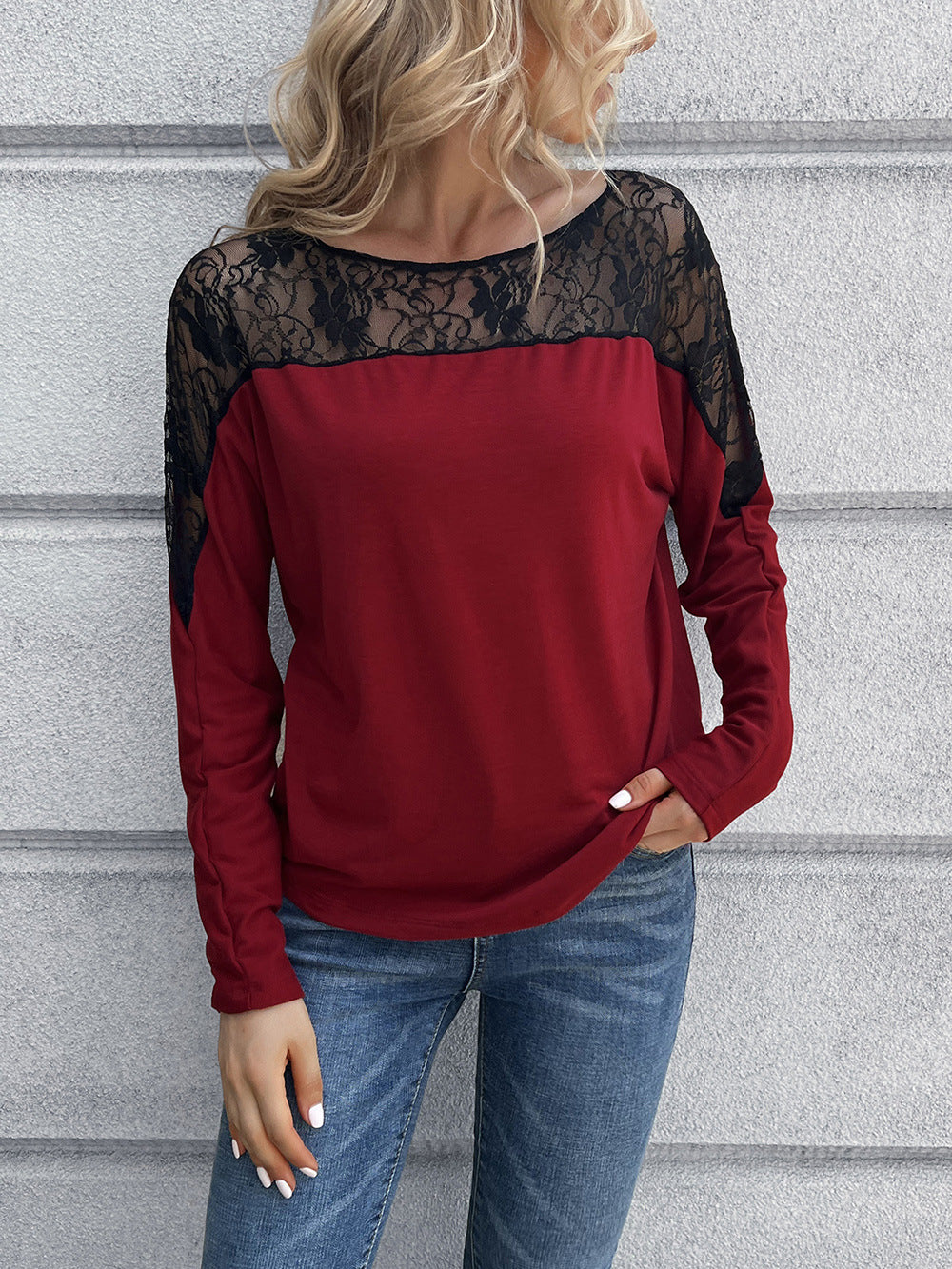 Lace Long Sleeve Round Neck Tee Print on any thing USA/STOD clothes