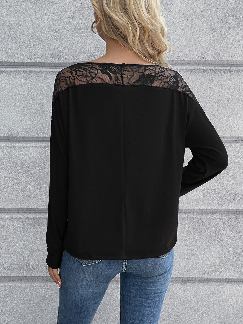 Lace Long Sleeve Round Neck Tee Print on any thing USA/STOD clothes