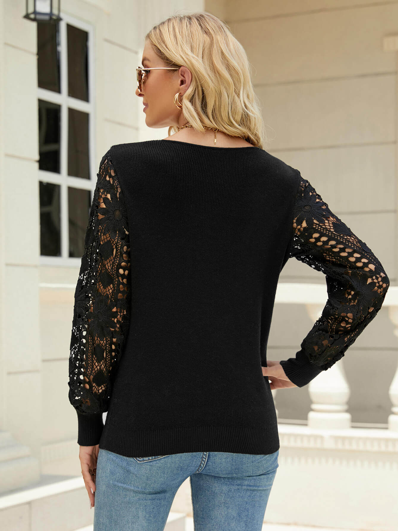 Lace Sleeve Ribbed Trim V-Neck Top Print on any thing USA/STOD clothes