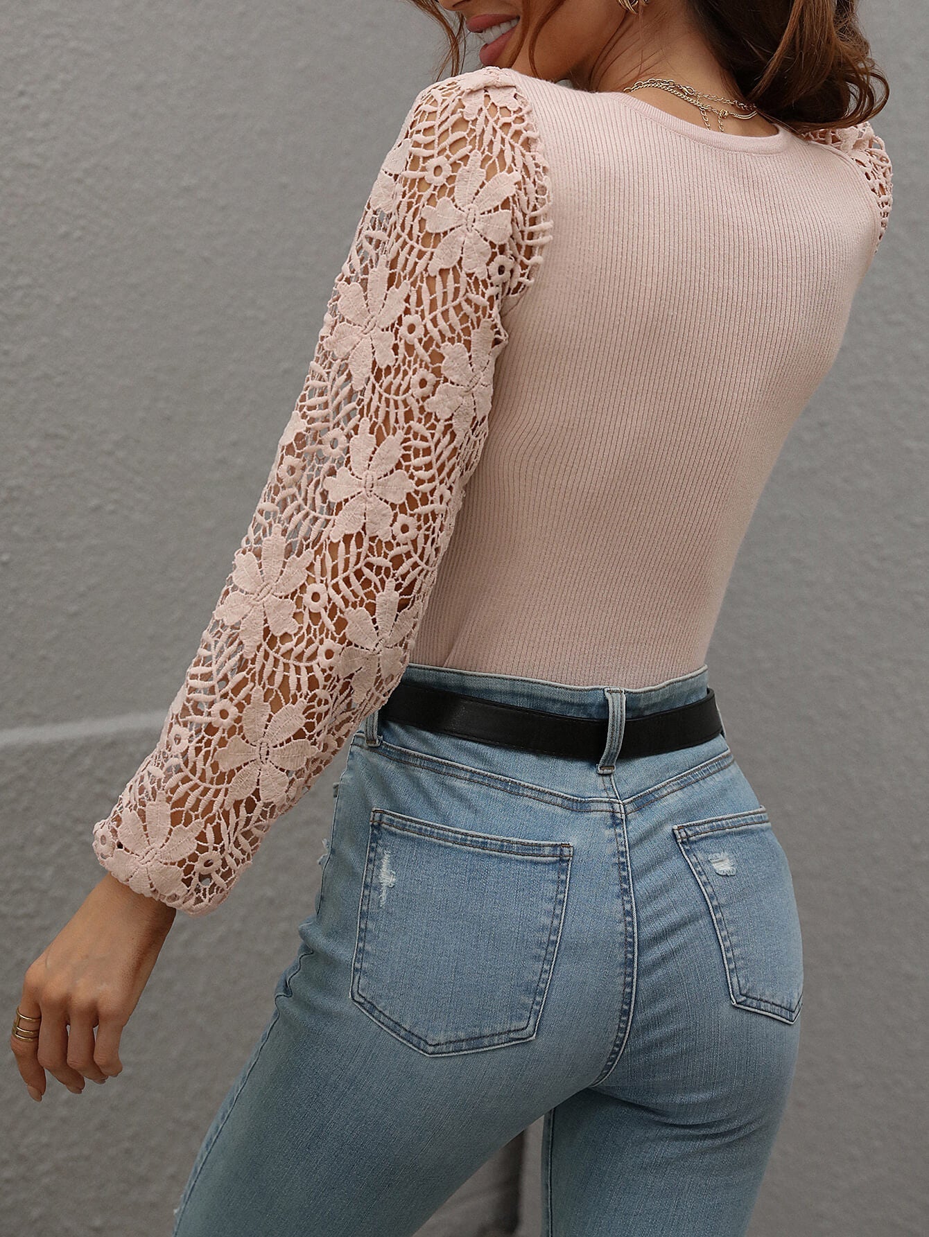 Lace Sleeve Round Neck Ribbed Top Print on any thing USA/STOD clothes