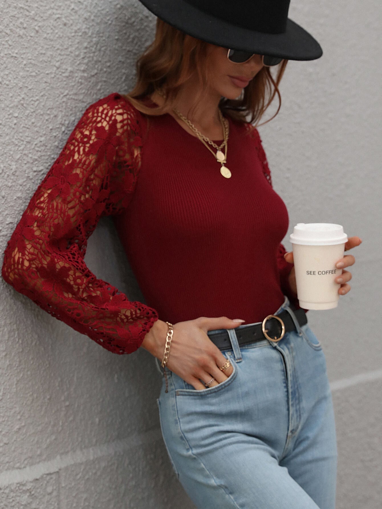 Lace Sleeve Round Neck Ribbed Top Print on any thing USA/STOD clothes