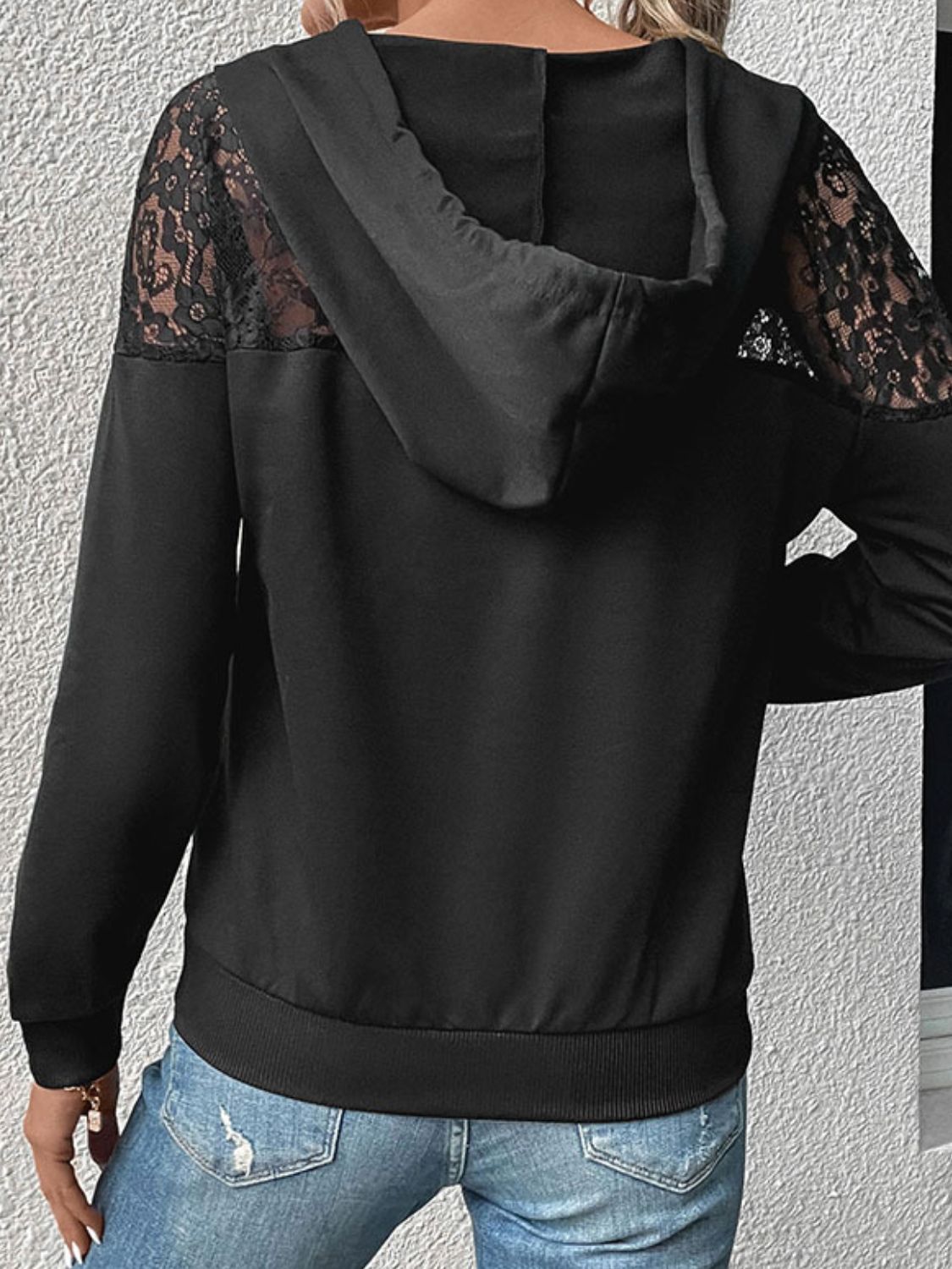 Lace Trim Dropped Shoulder Hoodie Print on any thing USA/STOD clothes