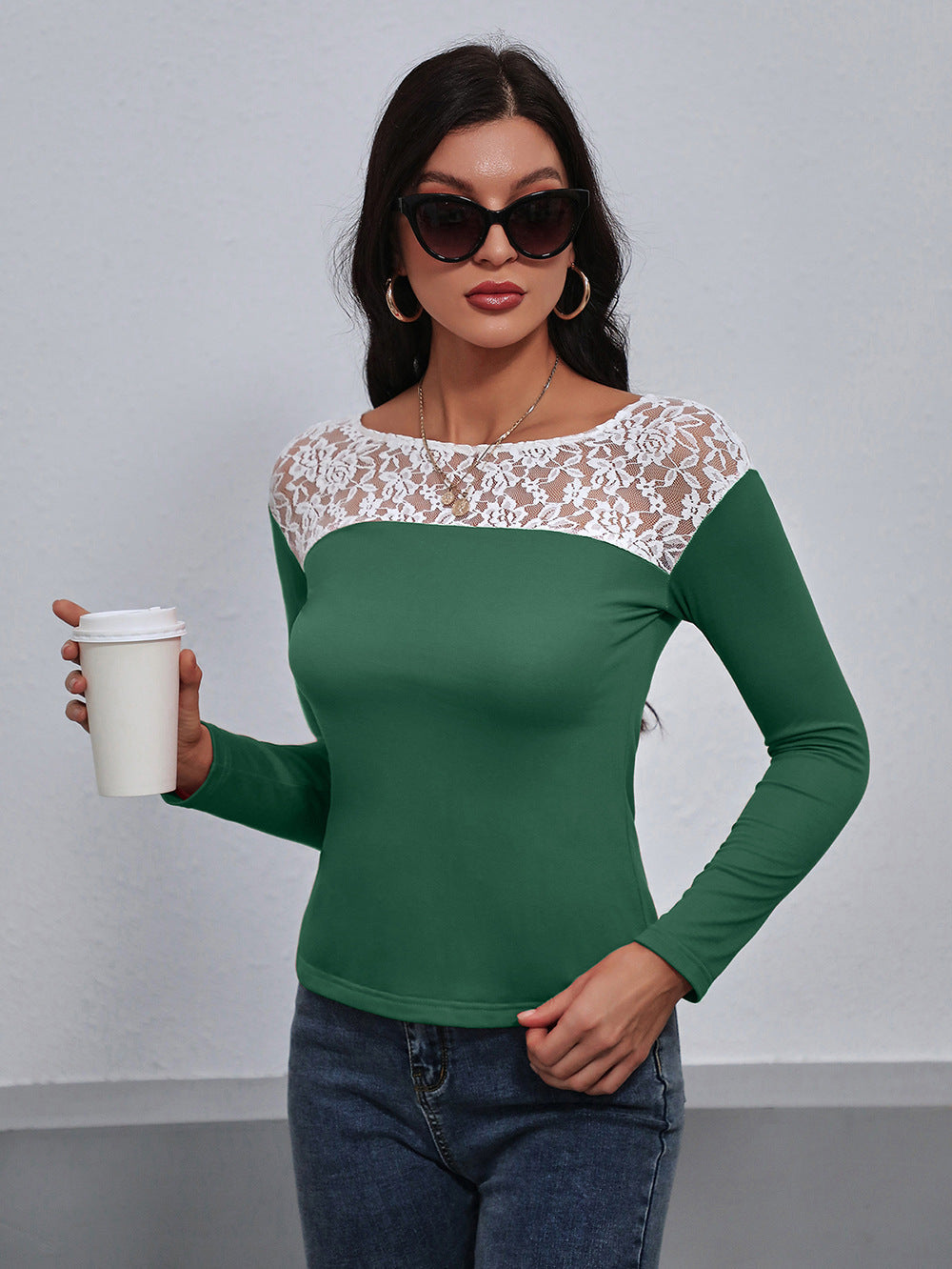 Lace Trim Long Sleeve Round Neck Tee Print on any thing USA/STOD clothes