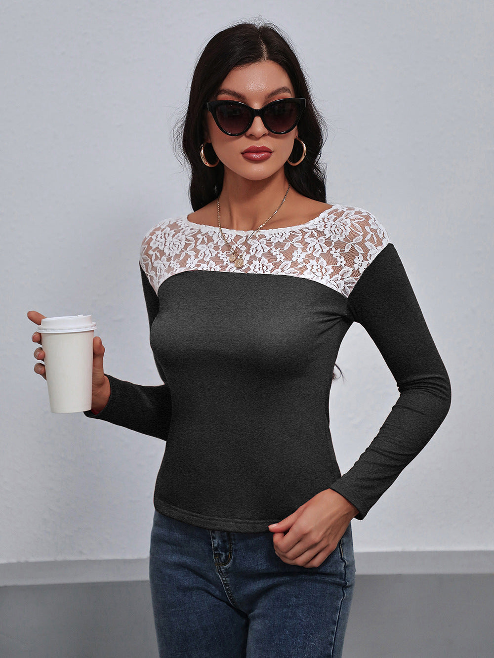Lace Trim Long Sleeve Round Neck Tee Print on any thing USA/STOD clothes
