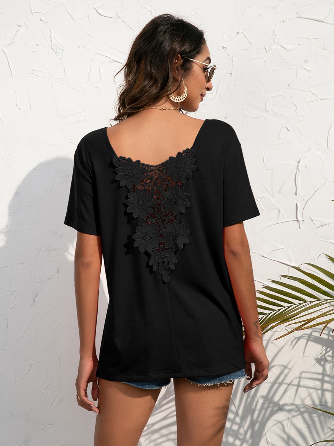 Lace Trim Short Sleeve Top Print on any thing USA/STOD clothes