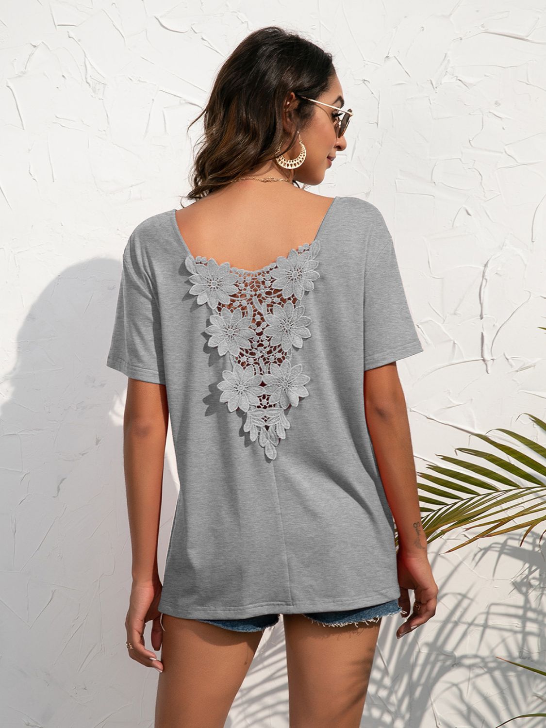 Lace Trim Short Sleeve Top Print on any thing USA/STOD clothes