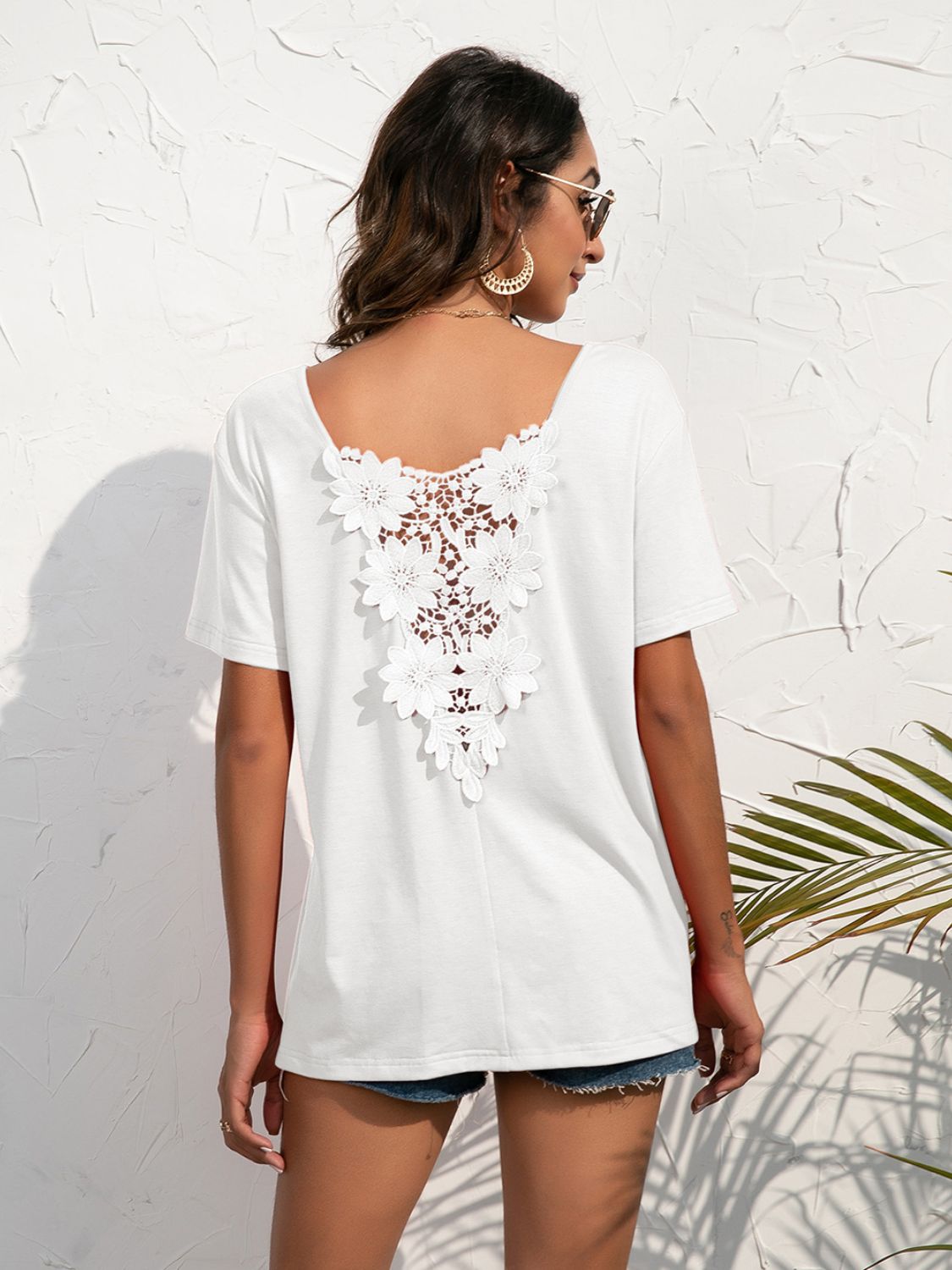 Lace Trim Short Sleeve Top Print on any thing USA/STOD clothes