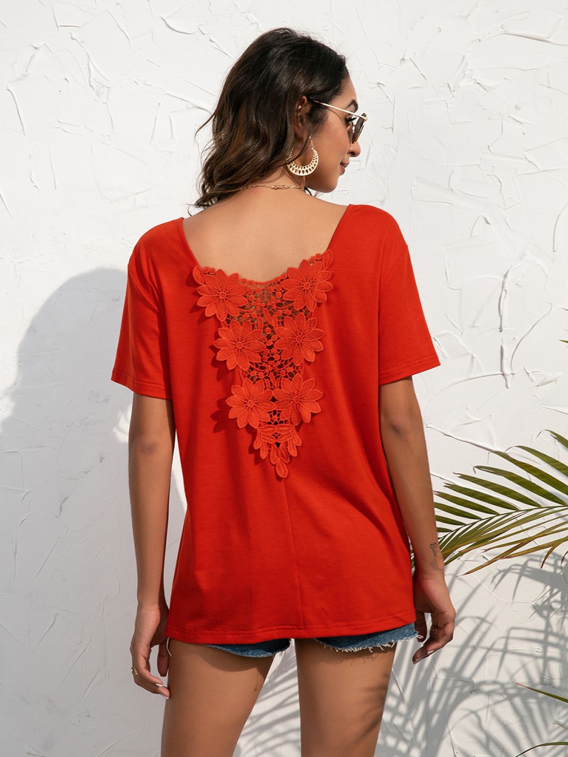 Lace Trim Short Sleeve Top Print on any thing USA/STOD clothes