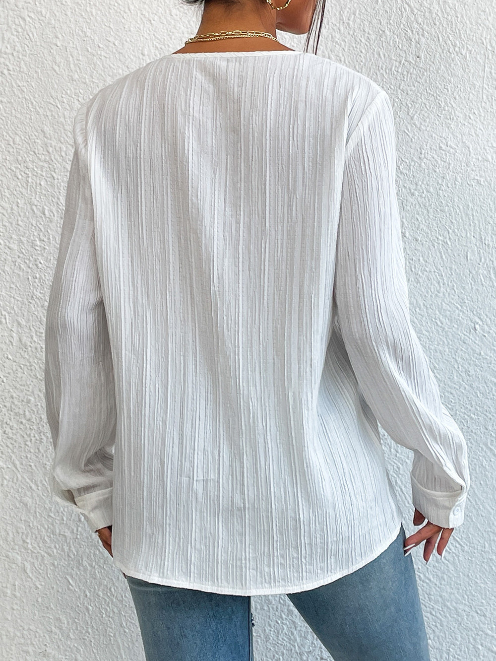 Lace Trim V-Neck Long Sleeve Shirt Print on any thing USA/STOD clothes