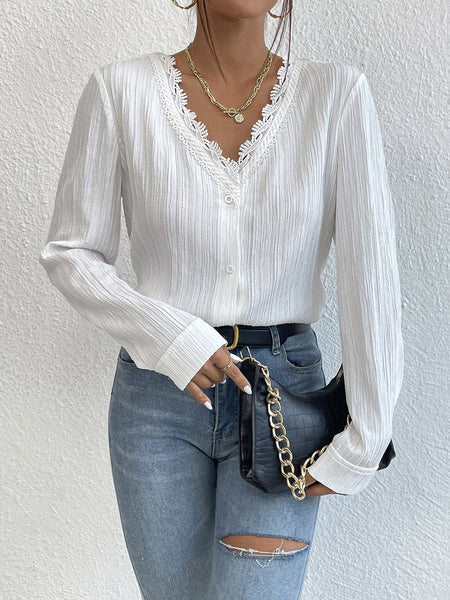 Lace Trim V-Neck Long Sleeve Shirt Print on any thing USA/STOD clothes