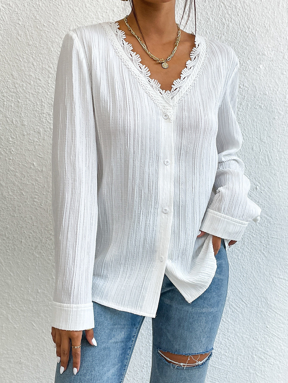 Lace Trim V-Neck Long Sleeve Shirt Print on any thing USA/STOD clothes