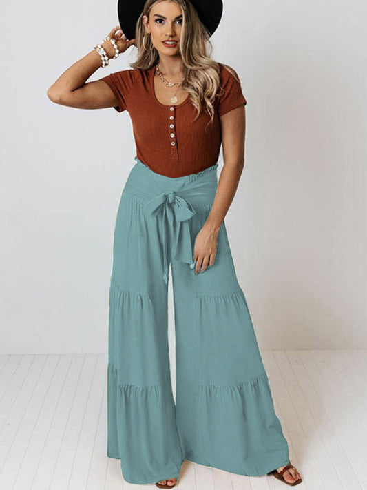 Lace Up Elastic Waist Pleated Wide Leg Pants Print on any thing USA/STOD clothes