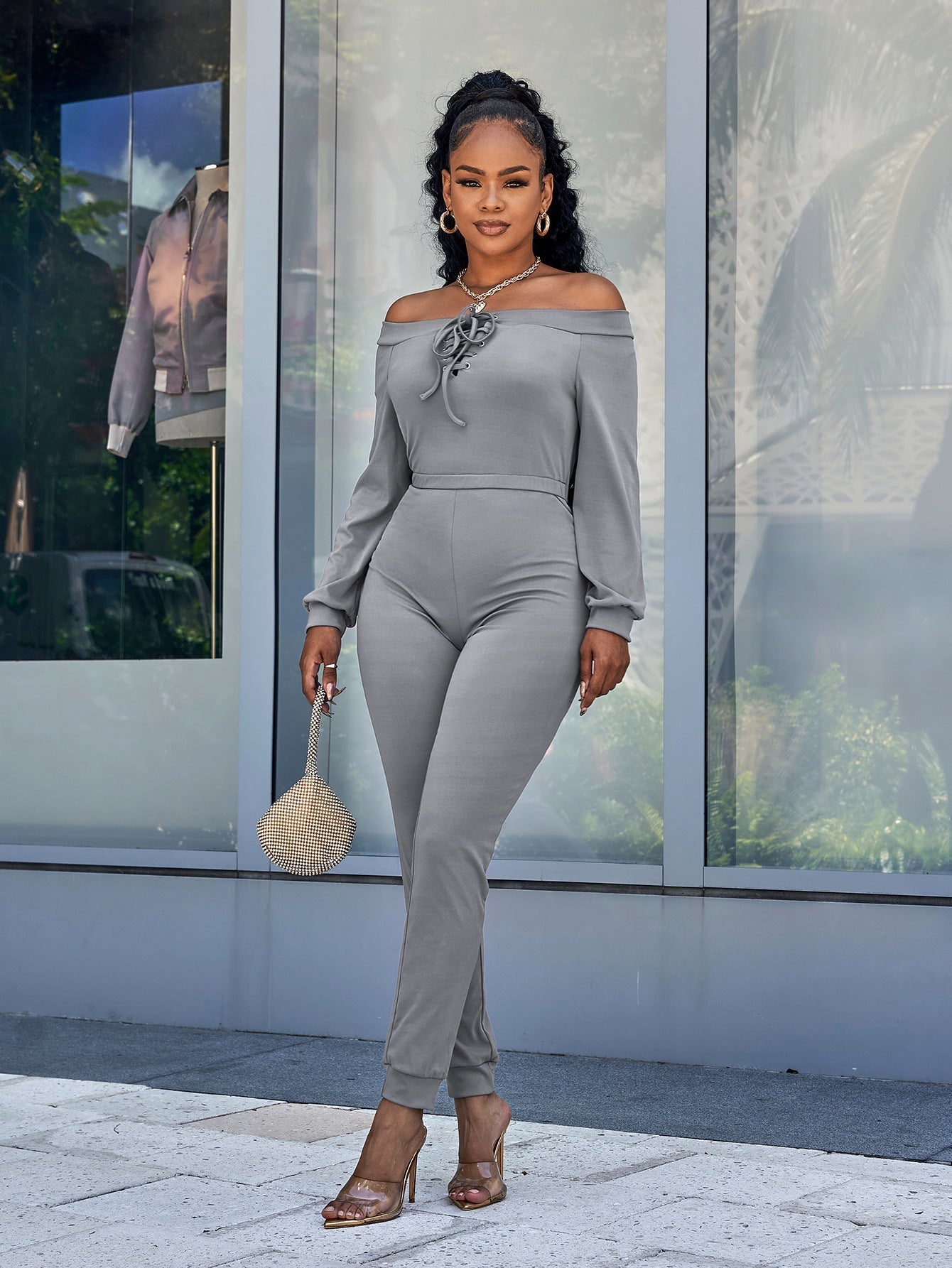 Lace-Up Off-Shoulder Long Sleeve Jumpsuit Print on any thing USA/STOD clothes