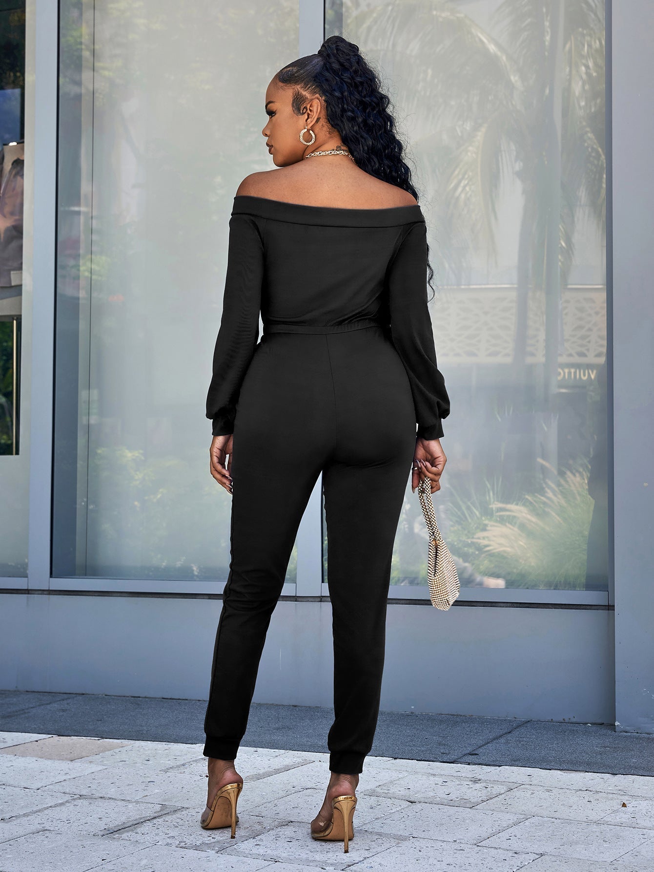 Lace-Up Off-Shoulder Long Sleeve Jumpsuit Print on any thing USA/STOD clothes