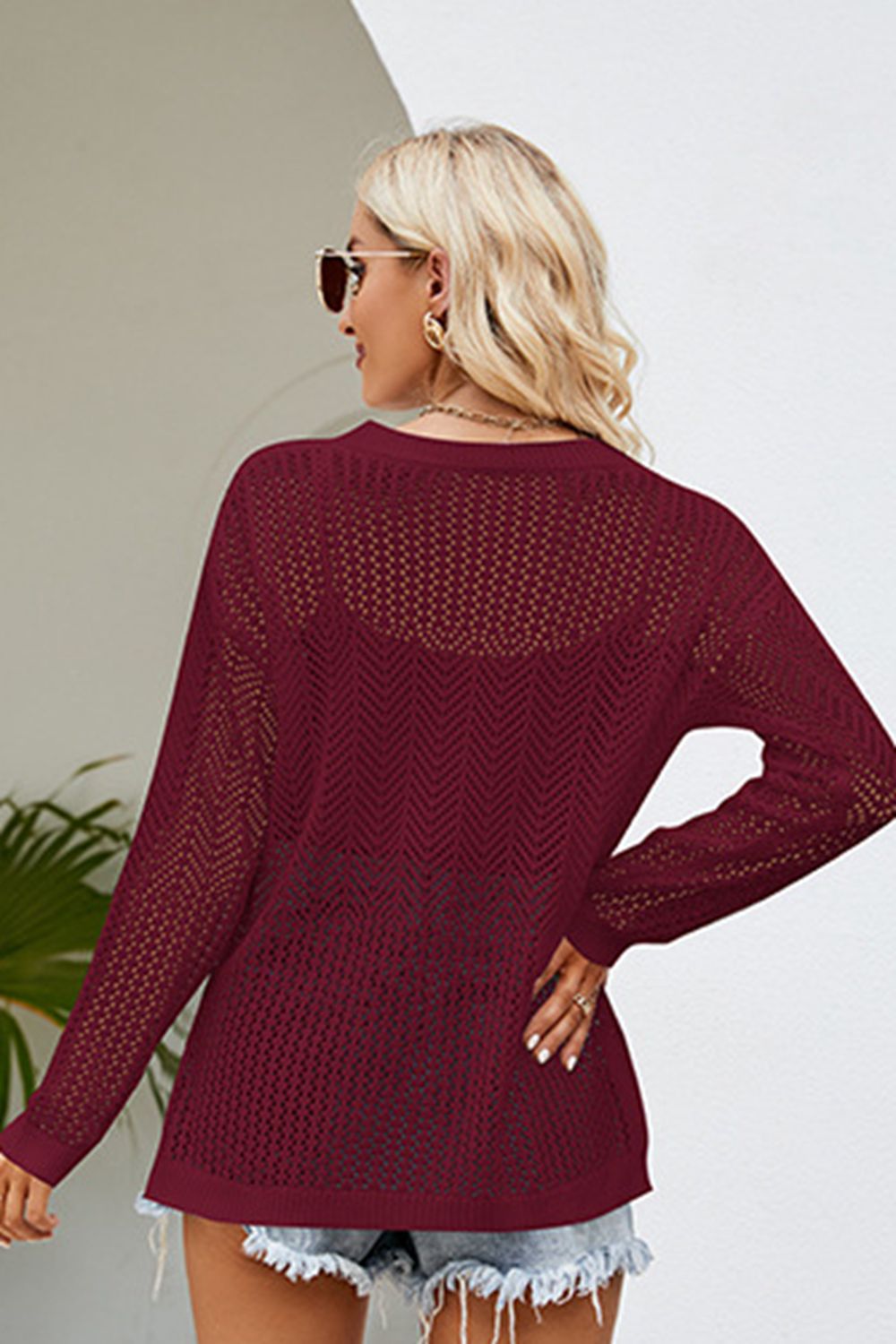 Lace-Up Slit Knit Top Print on any thing USA/STOD clothes