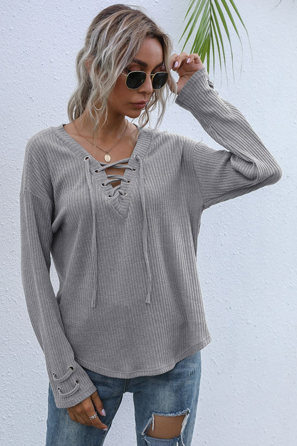 Lace-Up V-Neck Ribbed Top Print on any thing USA/STOD clothes
