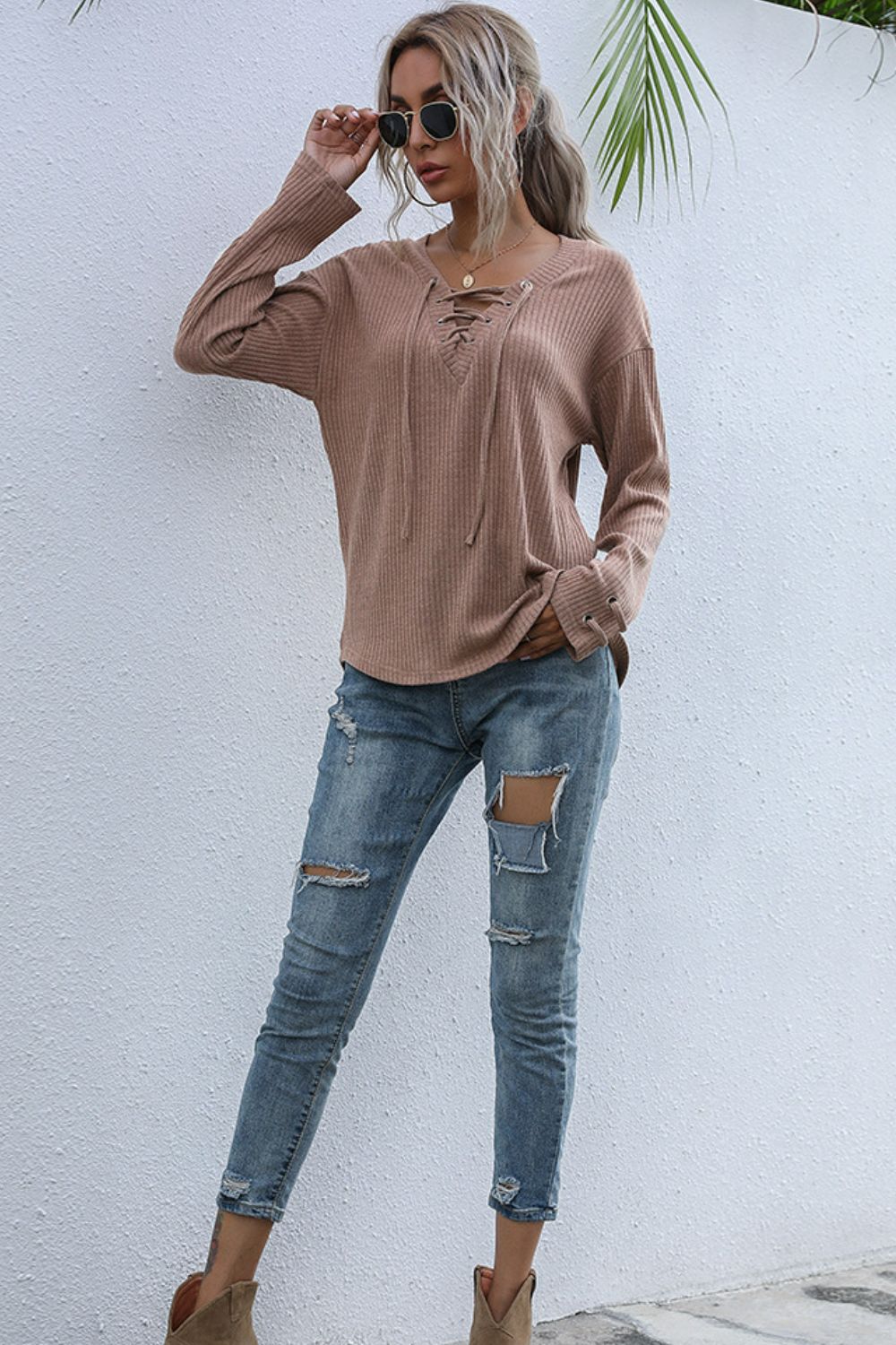 Lace-Up V-Neck Ribbed Top Print on any thing USA/STOD clothes