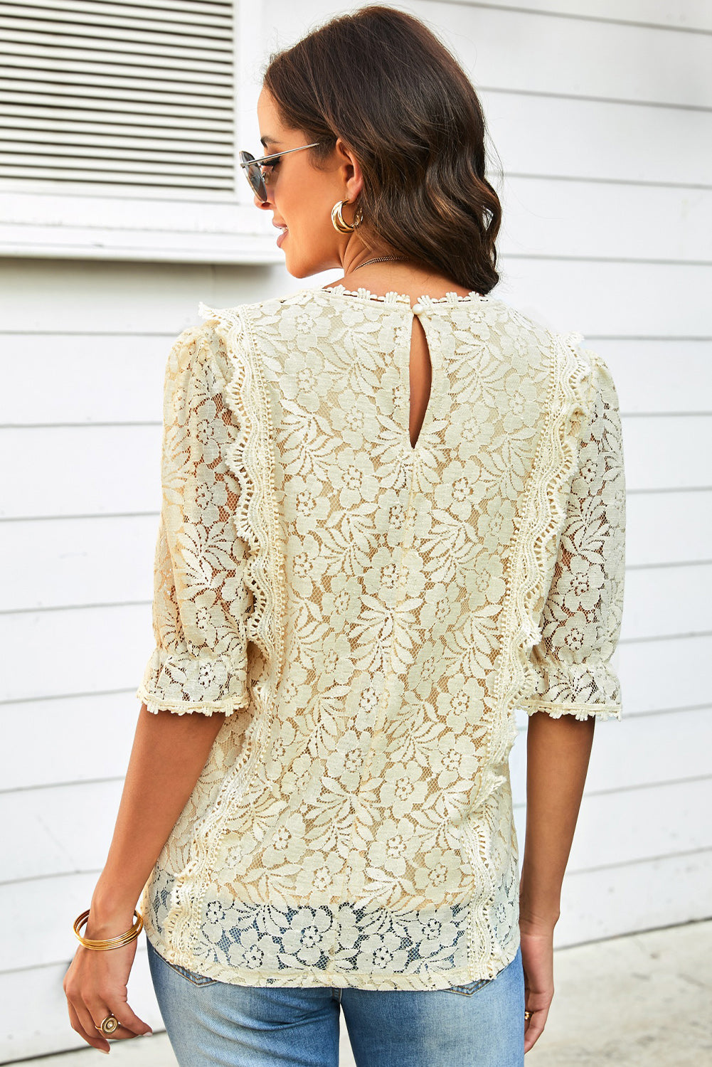 Lace V-Neck Flounce Sleeve Top Print on any thing USA/STOD clothes