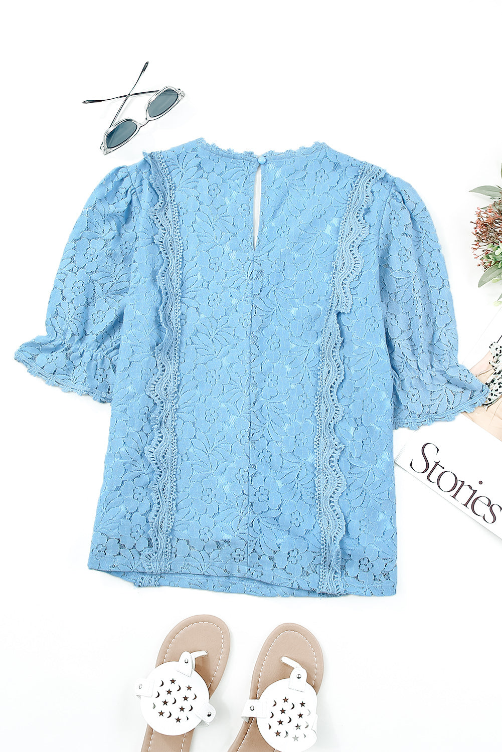 Lace V-Neck Flounce Sleeve Top Print on any thing USA/STOD clothes