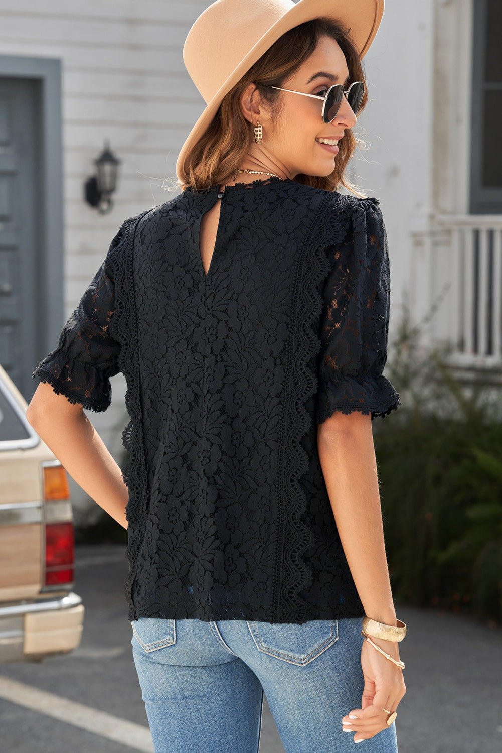 Lace V-Neck Flounce Sleeve Top Print on any thing USA/STOD clothes