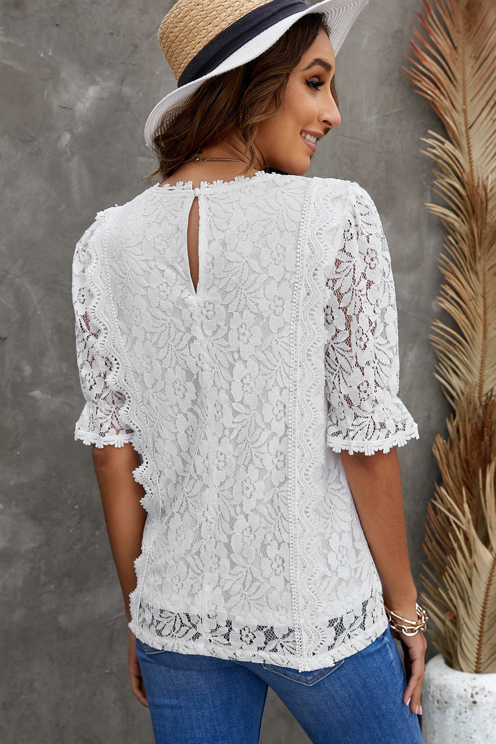 Lace V-Neck Flounce Sleeve Top Print on any thing USA/STOD clothes