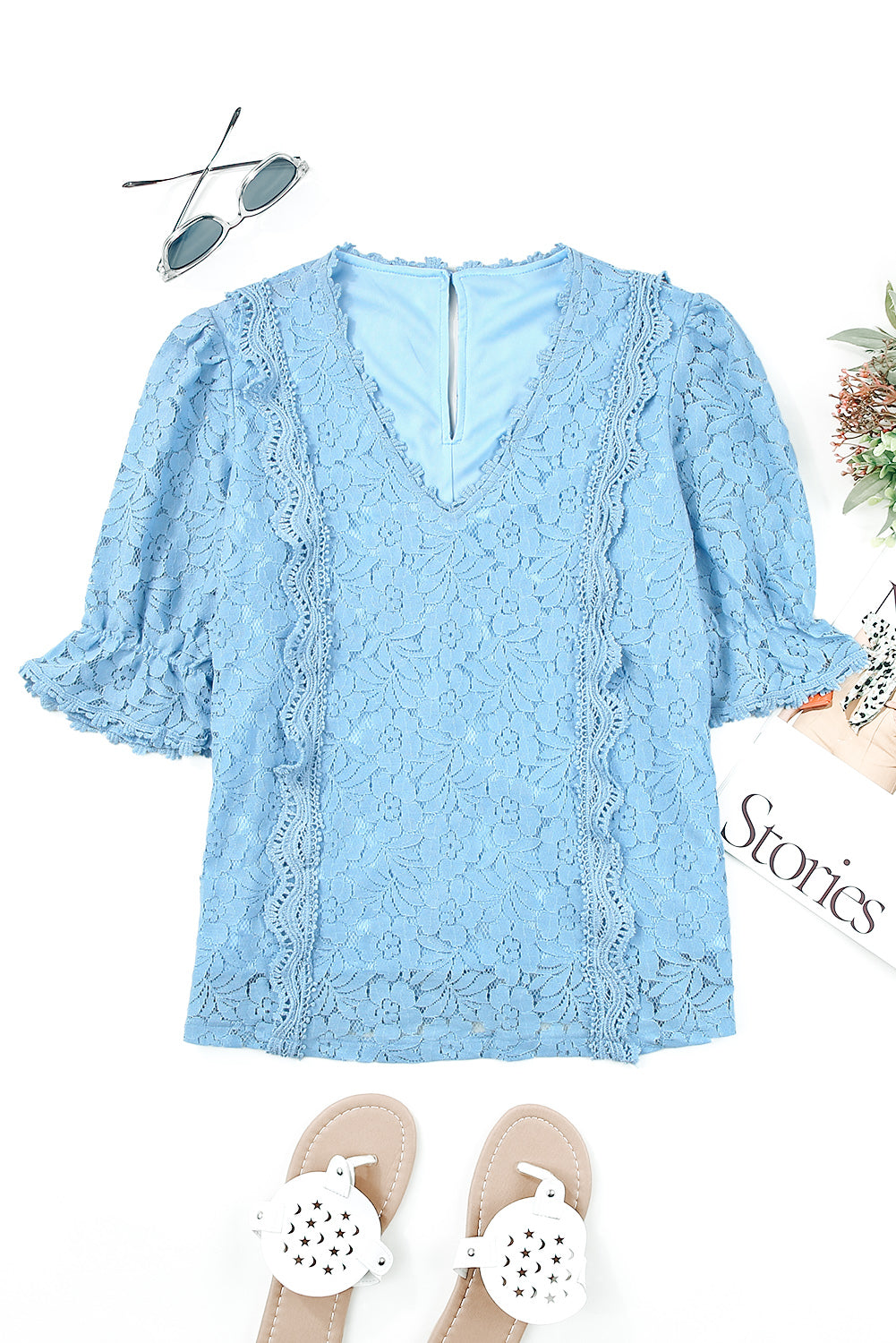 Lace V-Neck Flounce Sleeve Top Print on any thing USA/STOD clothes