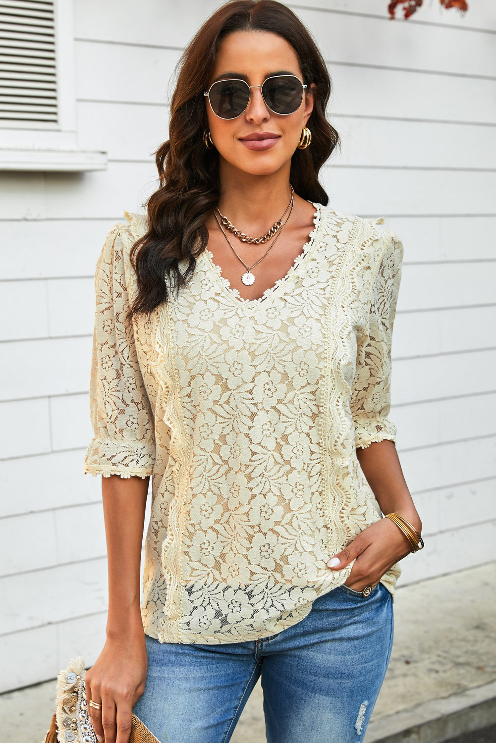 Lace V-Neck Flounce Sleeve Top Print on any thing USA/STOD clothes