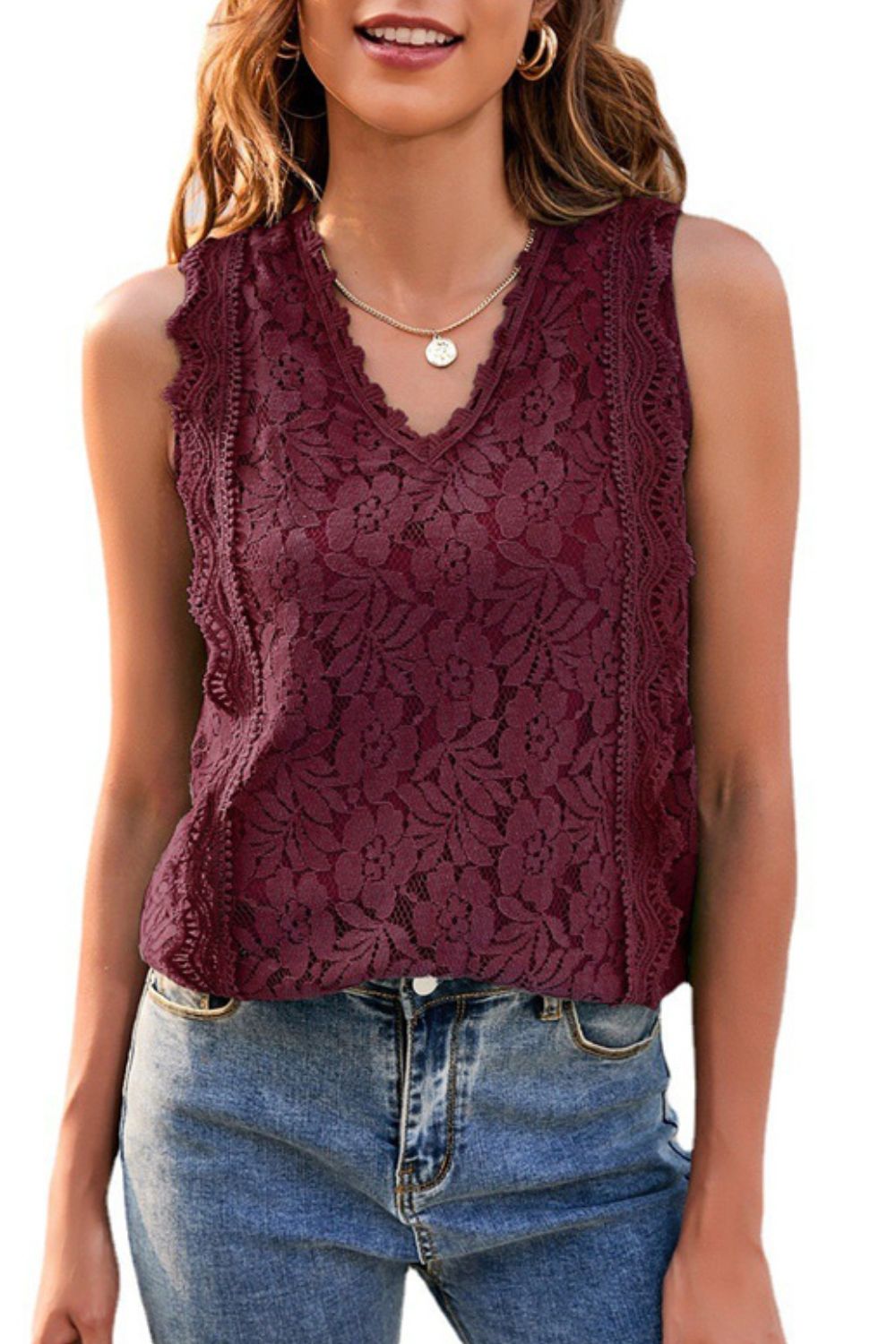 Lace V-Neck Tank Print on any thing USA/STOD clothes