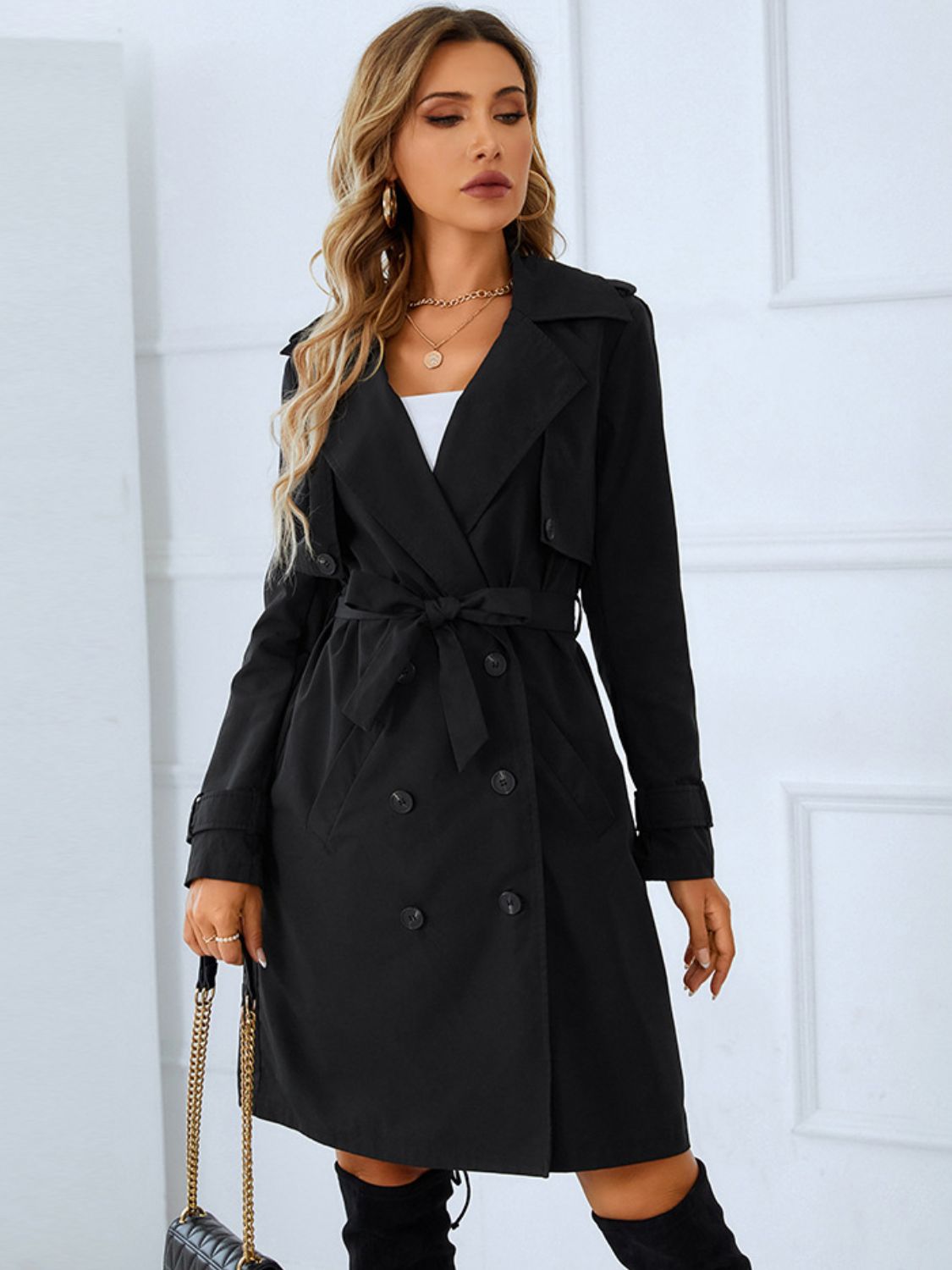 Lapel Collar Tie Belt Double-Breasted Trench Coat Print on any thing USA/STOD clothes