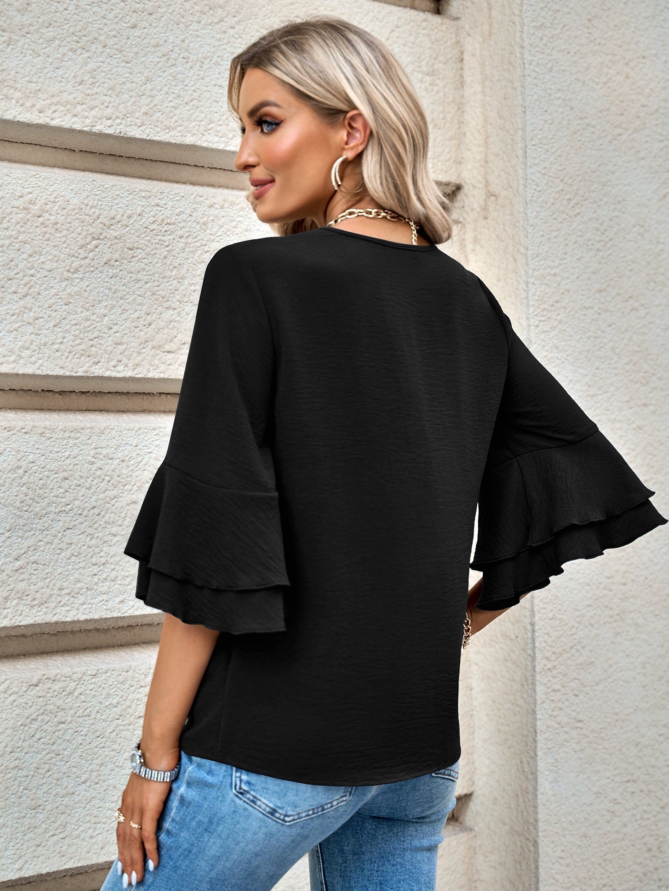 Layered Flare Sleeve Textured V-Neck Blouse Print on any thing USA/STOD clothes