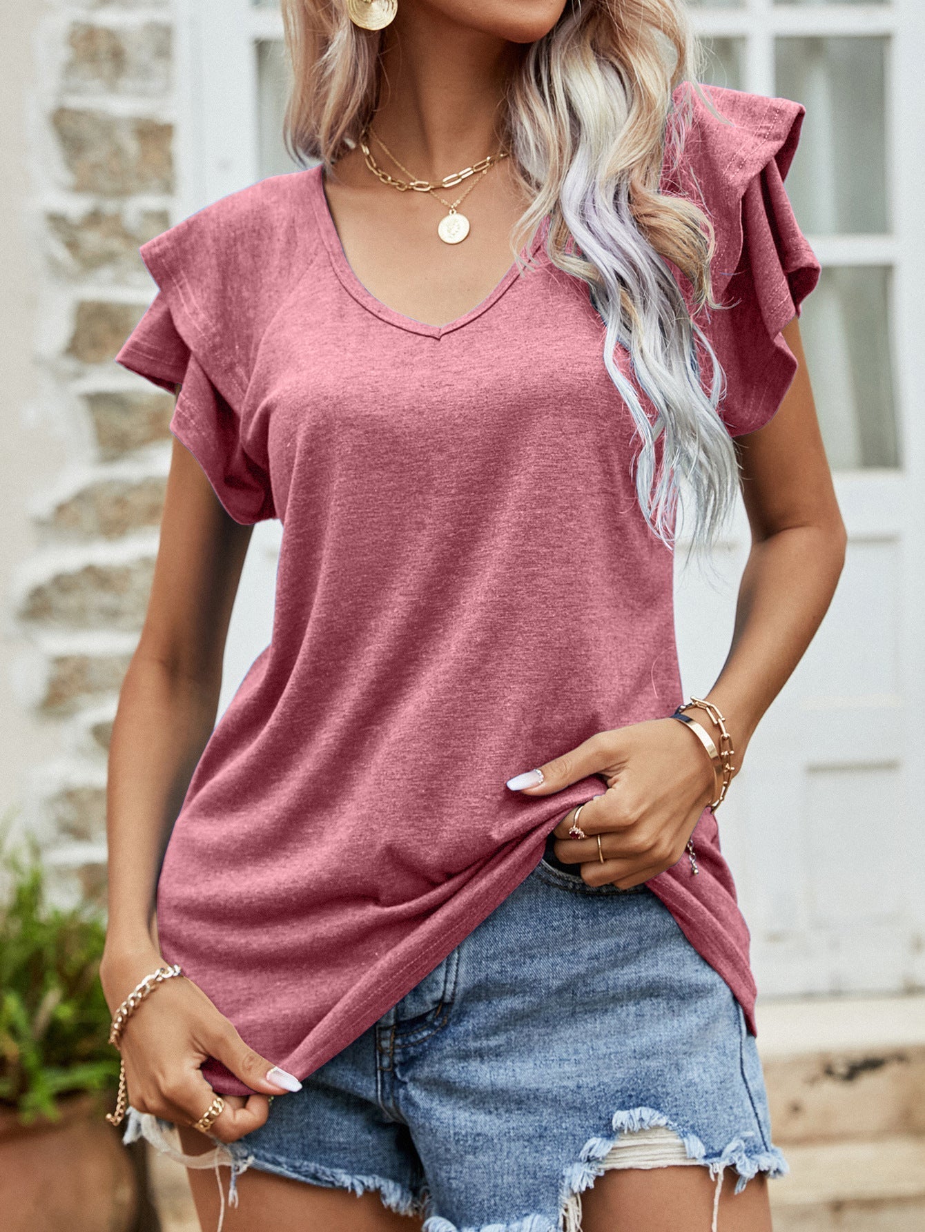 Layered Flutter Sleeve V-Neck Top Print on any thing USA/STOD clothes