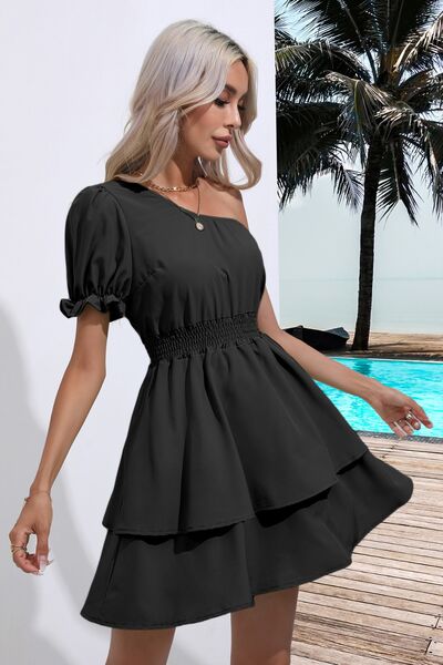 Layered Single Shoulder Flounce Sleeve Mini Dress Print on any thing USA/STOD clothes