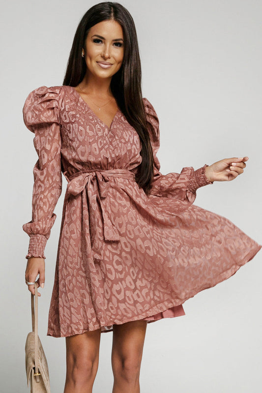 Leopard Belted Puff Sleeve V-Neck Dress Print on any thing USA/STOD clothes