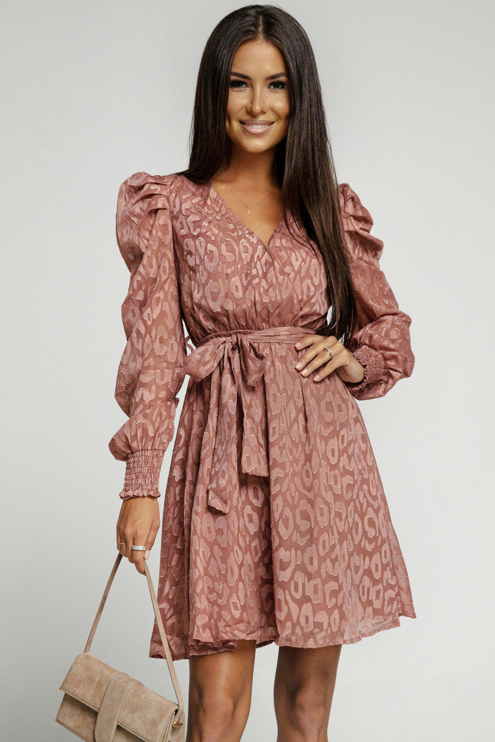 Leopard Belted Puff Sleeve V-Neck Dress Print on any thing USA/STOD clothes