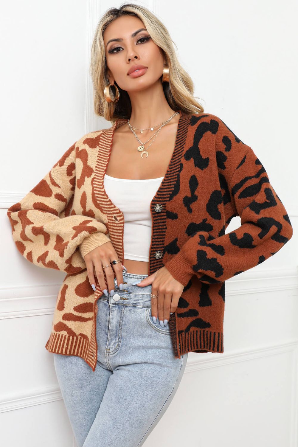 Leopard Button Front Ribbed Trim Cardigan Print on any thing USA/STOD clothes