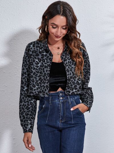 Leopard Button Up Collared Neck Cropped Jacket Print on any thing USA/STOD clothes