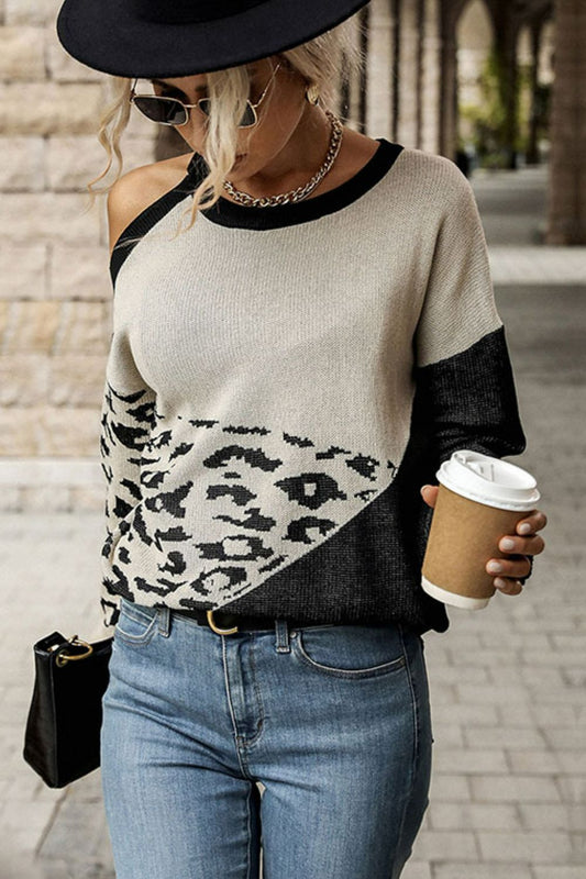 Leopard Color Block Cold-Shoulder Sweater Print on any thing USA/STOD clothes