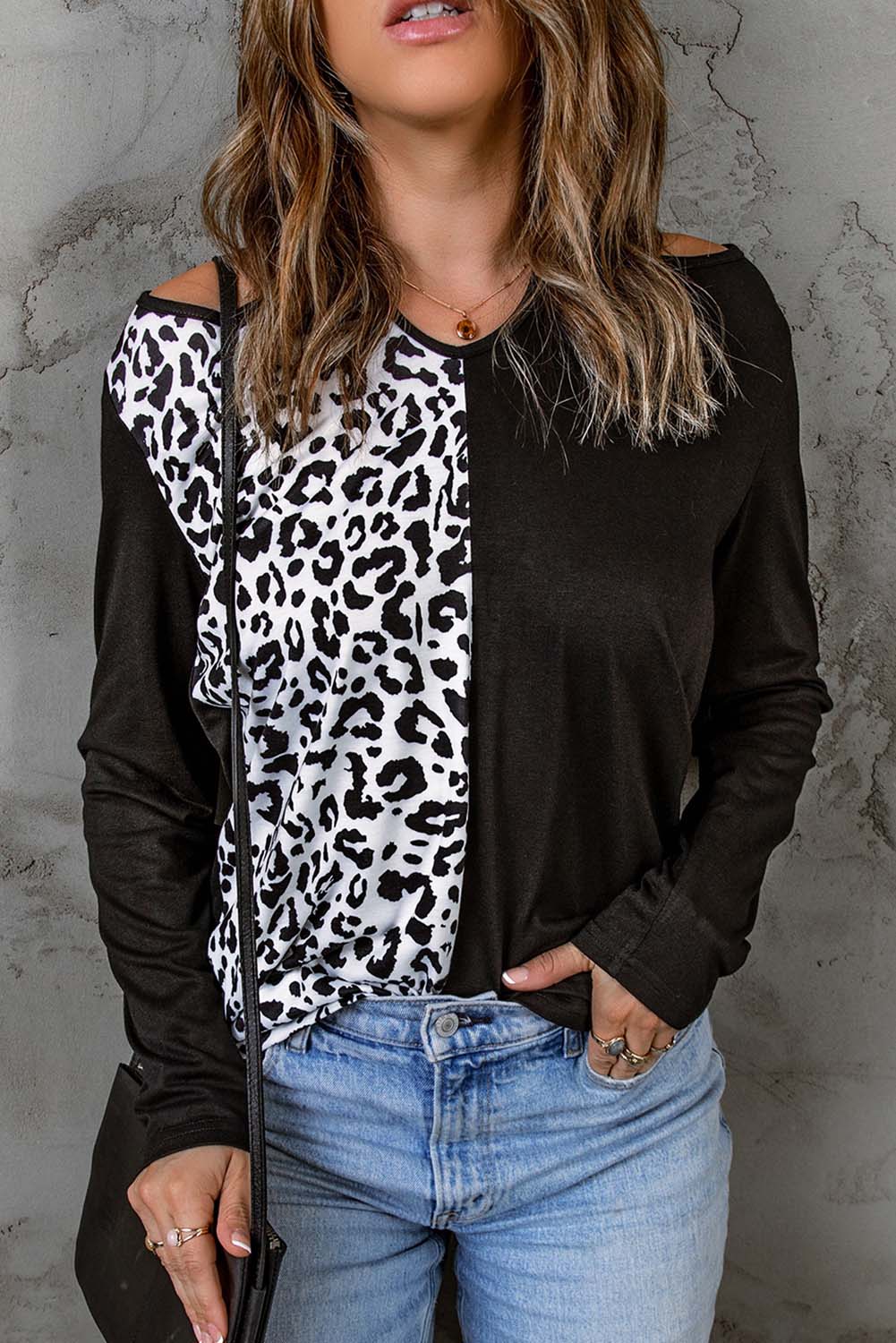 Leopard Color Block Crisscross Back Cold-Shoulder Top Print on any thing USA/STOD clothes