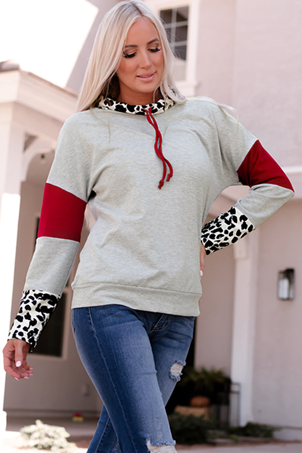Leopard Color Block Drawstring Detail Sweatshirt Print on any thing USA/STOD clothes