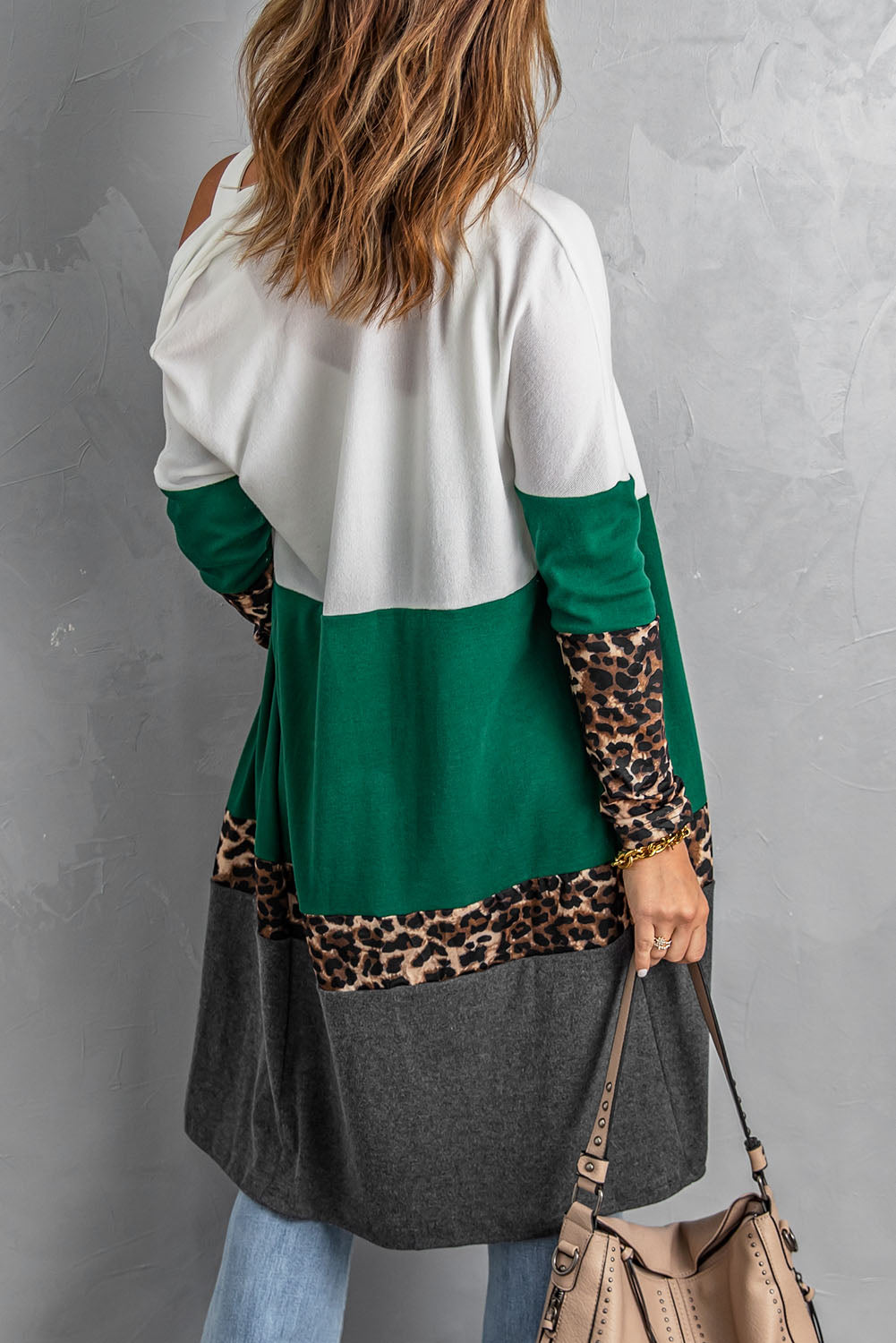 Leopard Color Block Open Front Longline Cardigan Print on any thing USA/STOD clothes