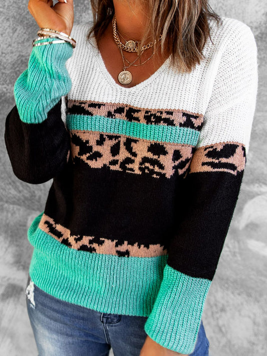 Leopard Color Block V-Neck Rib-Knit Sweater Print on any thing USA/STOD clothes