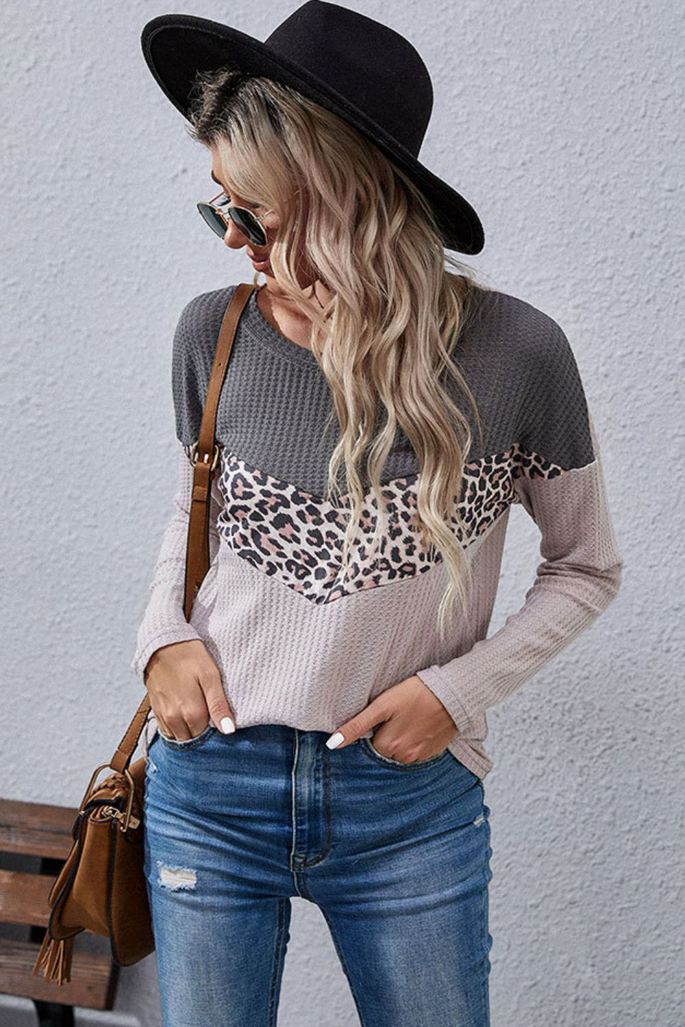 Leopard Color Block Waffle-Knit Top Print on any thing USA/STOD clothes