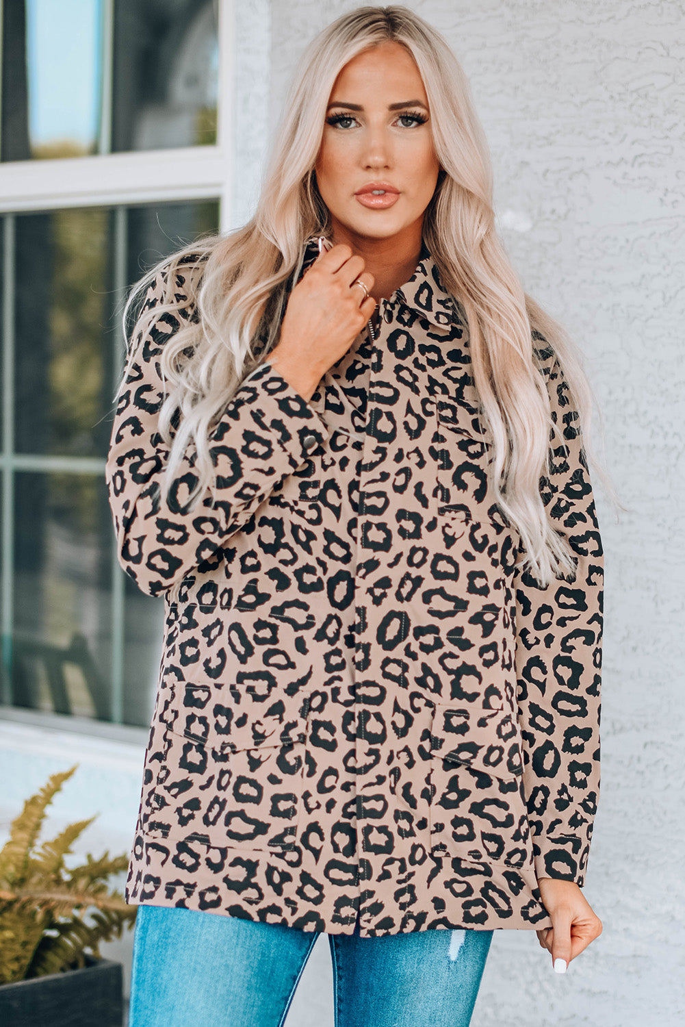 Leopard Drawstring Waist Jacket with Pockets Print on any thing USA/STOD clothes