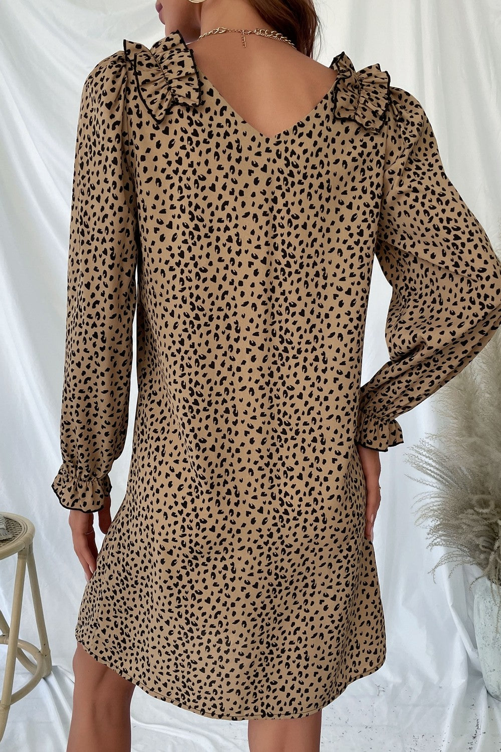 Leopard Frill Trim V-Neck Dress Print on any thing USA/STOD clothes