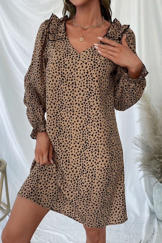 Leopard Frill Trim V-Neck Dress Print on any thing USA/STOD clothes